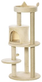 PawHut Árvore Arranhador Gatos Plataforma Caverna Postes Sisal Bola Suspensa 48x48x104 cm Bege