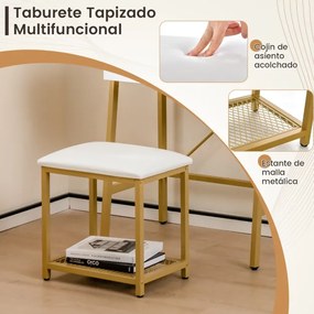 Toucador maquiagem em formato de escada com cadeiras de painel duplo, compartimentos ocultos e banco acolchoado Branco + Dourado