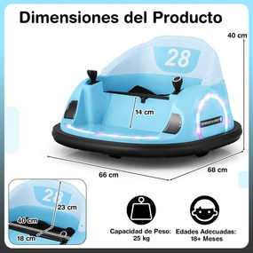 Carrinho de choques elétrico 12V para crianças com controle remoto, luz LED, buzina e música, rotação de 360° com cinto de segurança azul