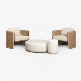 Conjunto De Sala Com 2 Poltronas Em Aço E Rattan Sintético Lina E 2 Mesas De Centro Em Cimento Fonelas Tecido Gardénia Branco - Sklum