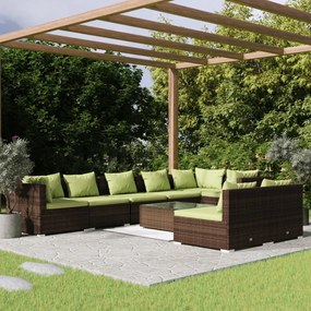 vidaXL 9 pcs conjunto lounge jardim c/ almofadões vime PE castanho