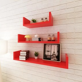 Conjunto 3 prateleiras de parede em forma de U MDF vermelho