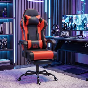 Cadeira Gamer com Massagem Lombar Vibratória Reclinável 155° Altura Ajustável Apoio de Cabeça e Apoio para os Pés Retrátil Vermelho