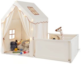 Tenda infantil 2 em 1 com Luzes de estrelas 177 x 97 x 136 cm Tapete Cortinas Janelas para crianças 3+ anos Interior Bege