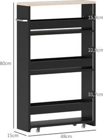Estante de Armazenamento Casa de Banho de 3 Níveis Estante Estreita com Alça Lateral Estante com Rodas 48x15x80cm Preto