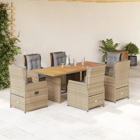 vidaXL 7 pcs conjunto de jantar p/ jardim com almofadões vime PE bege