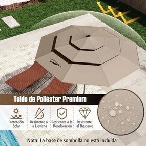 Guarda-sol para jardim de 313 cm com 32 luzes LED, teto ventilado de 3 níveis e ajuste de inclinação Castanho