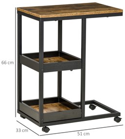 Mesa Auxiliar Industrial em Forma de C com Rodas Prateleiras Abertas e Estrutura de Aço 51x33x66 cm Castanho Escuro e Preto