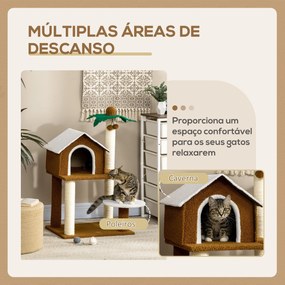 Árvore Arranhador para Gatos Altura 89cm Torre para Gatos com Casa de Pelúcia Plataforma Poste em Forma de Coqueiro de Sisal e Bolas Suspensas 55x40x8