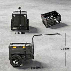 Reboque para bicicleta de carga 145 x 51,5 x 72 cm, carrinho de transporte dobrável, caixa de plástico de 65 L, tampa de abertura rápida, preto