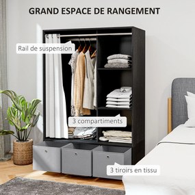 Guarda Roupa com barra para cortinas 105 x 48 x 160 cm, 3 compartimentos abertos e 3 gavetas de tecido removíveis, preto, cinzento