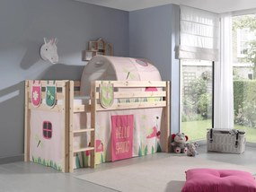 Conjunto Cama alta de Criança PINO 90 x 200 cm + estrado + escada + cortina + 3 bolsas + túnel Primavera Natural