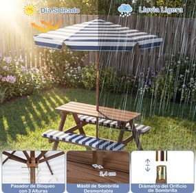 Conjunto de mesa de piquenique para crianças com 2 bancos de madeira, guarda-sol dobrável e ajustável, almofadas para uso interior e exterior, azul-ma