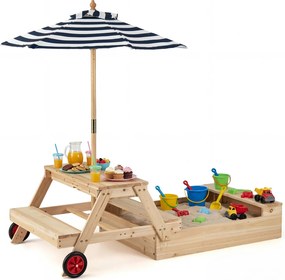 Caixa de areia infantil de madeira 3 em 1 com guarda-sol ajustável, mesa de piquenique, bancos, 2 compartimentos ocultos e rodas para uso no exterior
