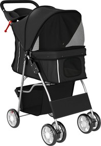 PawHut Carrinho Dobrável para Cães Pequenos com Cesta de Armazenamento Suportes para Copos Rodas e Almofada Lavável 77x44x102 cm Preto | Aosom Portugal