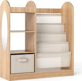 Estante para crianças 87,5 x 30 x 90 cm com espelho de corpo inteiro Organizador de brinquedos com gaveta e prateleiras de tecido de 4 níveis natural