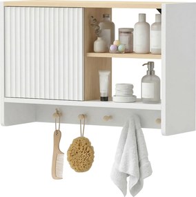 Armário de parede para casa de banho 60 (L) x 20 (P) x 40 (A) cm, móvel de arrumação para casa de banho com porta, prateleiras abertas e 5 ganchos bra