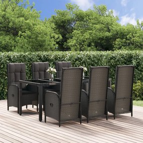 vidaXL 7 pcs conjunto jantar jardim c/ almofadões vime PE preto/cinza