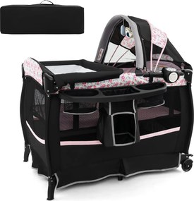 Berço portátil 4 em 1 para bebés com colchão 102 x 73 x 80 cm, mesa para mudar de fraldas, música, Toldo, prateleira, estante, parque dobrável, cor 3