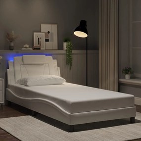 Estrutura cama c/ luzes LED 100x200 cm couro artificial branco