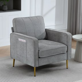 Poltrona em tecido com pés em aço dourado, muito confortável, com bolsos laterais, para sala de estar, escritório, quarto, cinzenta