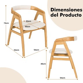 Cadeira de Lazer em Bambu Cadeira de Jantar com Almofada Penteadeira com Encosto Curvo Poltrona para Sala Quarto 54 x 54 x 73 cm Natural