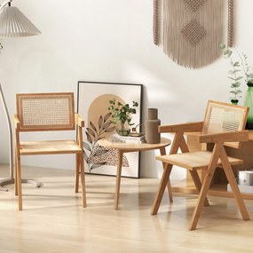 Conjunto de 4 cadeiras de jantar em rattan com estrutura de bambu, costas em imitação de cana e apoios de braços para cozinha 50 x 52 x 81 cm Natural