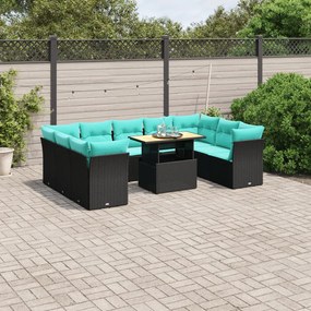 vidaXL 10 pcs conjunto de sofás p/ jardim c/ almofadões vime PE preto