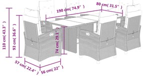 7 pcs conjunto de jantar p/ jardim com almofadões vime PE bege