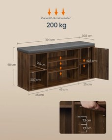 Banco para sapatos 30,5 x 104 x 48 cm com espaço de arrumação e compartimentos abertos ajustáveis castanho-noz natural - cinzento ardósia