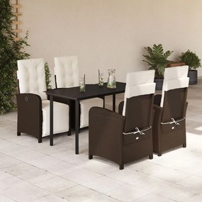 vidaXL 5 pcs conjunto jantar p/ jardim c/ almofadões vime PE castanho