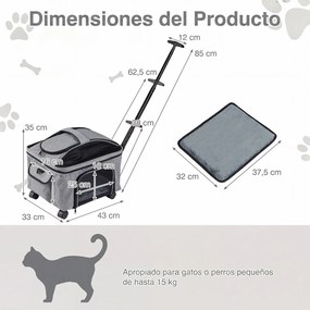 Transportadora para Animais de Estimação com Rodas, 33 x 43 x 35 cm, Dobrável com Pega Telescópica, Cinzento