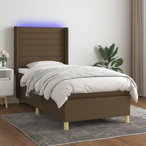 Cama box spring c/ colchão/LED 100x200cm tecido castanho-escuro