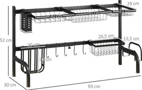 Escorredor de pratos para colocar sobre o lava-loiça, com 2 níveis, modular, em aço, 93 x 30 x 52 cm, preto