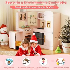Cozinha de brincar de canto com luzes e sons, bancada retrátil, inclui lava-louças, fogão, frigorífico e acessórios para maiores de 3 anos, cor rosa