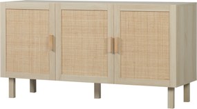 Aparador, armário de arrumação 136 x 41 x 70 cm com 3 portas e prateleira ajustável, efeito vime, estilo boémio cor natural