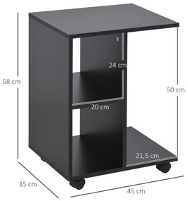 Mesa Auxiliar Moderna Mesa Auxiliar em Forma de C com Rodas e Prateleiras Abertas 45x35x58 cm Preto