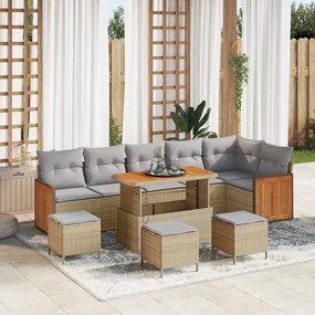 Conjunto de Sofá de Jardim de 10 Peças com Almofadas Bege Rattan Sintético Acácia