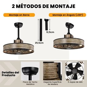 Ventilador de teto de 20" com luz, temporizador 4H de 3 velocidades, motor reversível e controlo remoto para quarto e sala de estar castanho