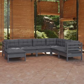 7 pcs conjunto lounge de jardim + almofadões pinho maciço cinza