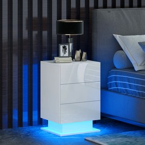 Mesa de Cabeceira com Faixa de Luz LED Multicolor Mesa Auxiliar com 3 Gavetas Estilo Moderno 40x35x60 cm Branco Brilhante