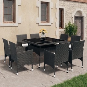 vidaXL 9 pcs conjunto de jantar para jardim vime PE e vidro preto