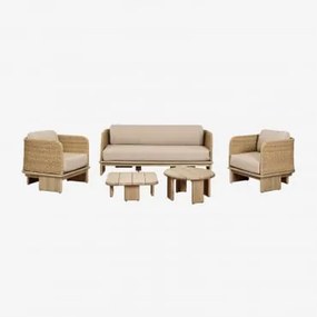 Conjunto De Jardim Com Sofá De 3 Lugares, 2 Poltronas E 2 Mesas De Centro Em Rattan E Madeira De Acácia Famara Marrom Acácia Claro - Sklum