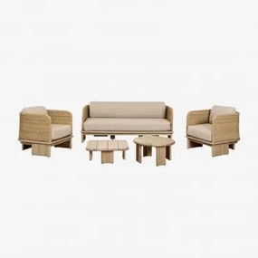 Conjunto De Jardim Com Sofá De 3 Lugares, 2 Poltronas E 2 Mesas De Centro Em Vime E Madeira De Acácia Famara Marrom Acácia Claro - Sklum