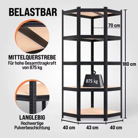 Estante em aço galvanizado para cargas pesadas até 875 kg, 180 x 70 x 40 cm Preto