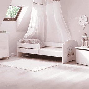 Cama infantil LUK gato rosa 140x70 branca com grade - colchão e estrado incluído