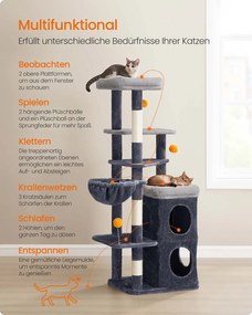 Arranhador com vários andares, com cavernas e plataformas para gatos 53 x 46 x 152 cm Cinzento escuro