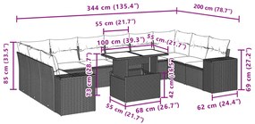 11 pcs conjunto sofás de jardim c/ almofadões vime PE cinzento