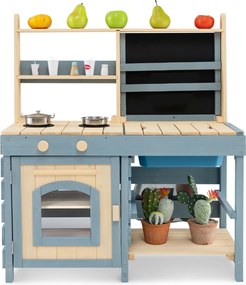 Cozinha de Brincar 2 em 1 para exterior 80 x 49 x 94 cm com torneira removível e cestos metálicos para crianças de 3 a 8 anos, azul