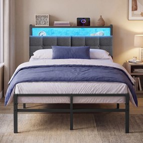 Cama de metal 120 x 200 cm com iluminação LED (COLCHÃO NÃO INCLUIDO), tomadas e espaço de arrumação, preta